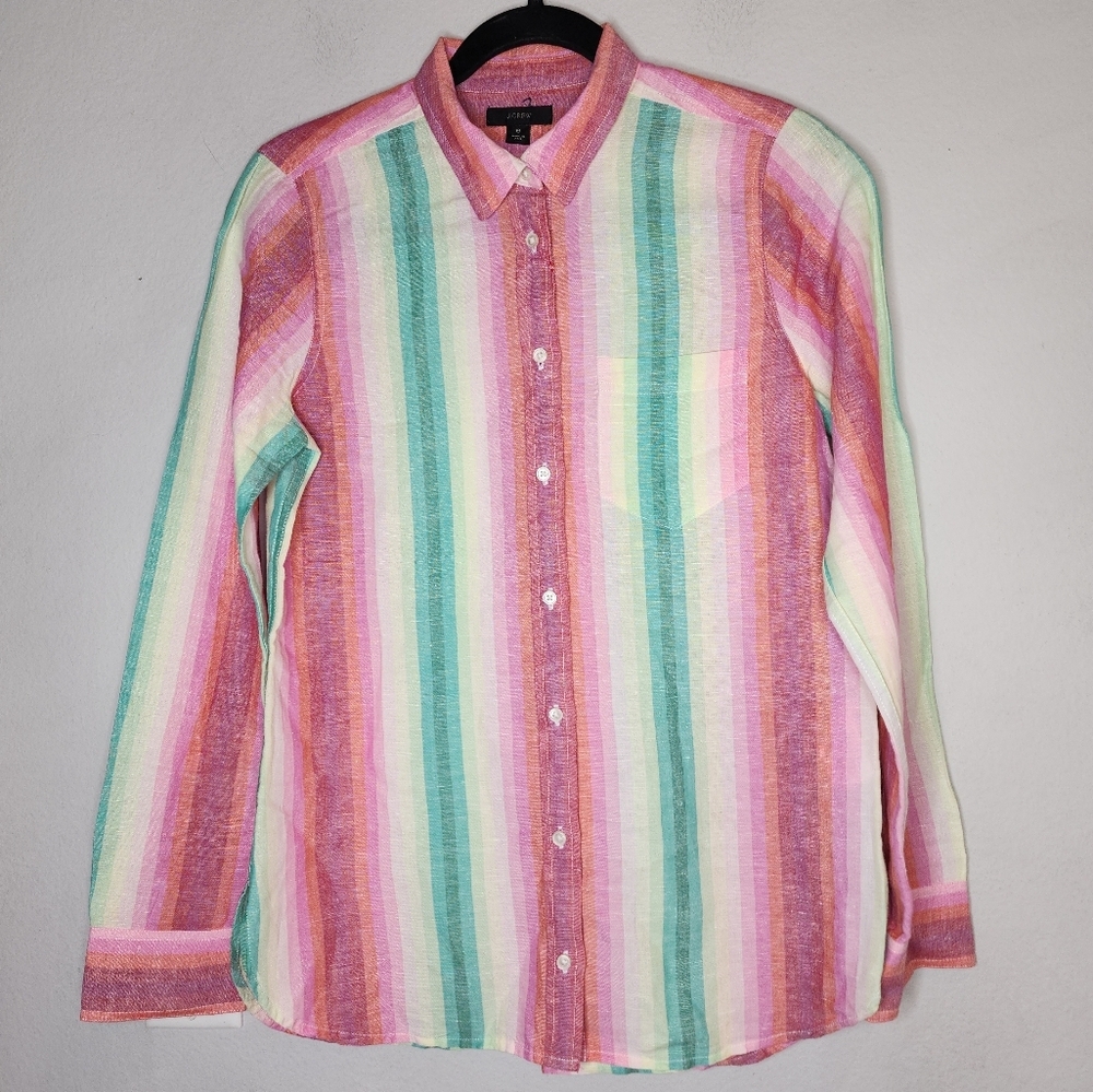 J. Crew Linen Cotton Rainbow Stripe Button Front Long Sleeve Boy Shirt Size 6